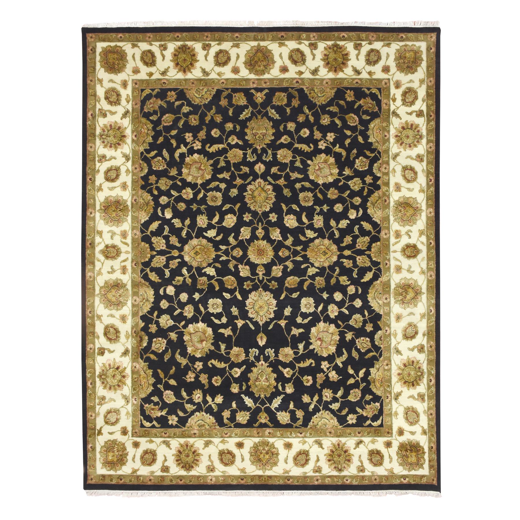 Caviar Black, Densely Woven, Thick and Plush, Wool and Silk, Soft Pile, Hand Knotted, Rajasthan, All Over Design, Oriental, Rug